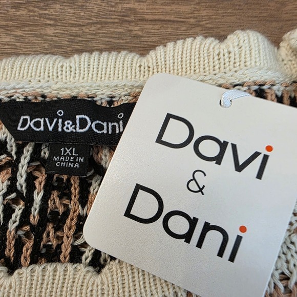 Davis & Dani Womens 1XL Tan Black Cream Geometric Open Knit Sweater - Picture 12 of 17